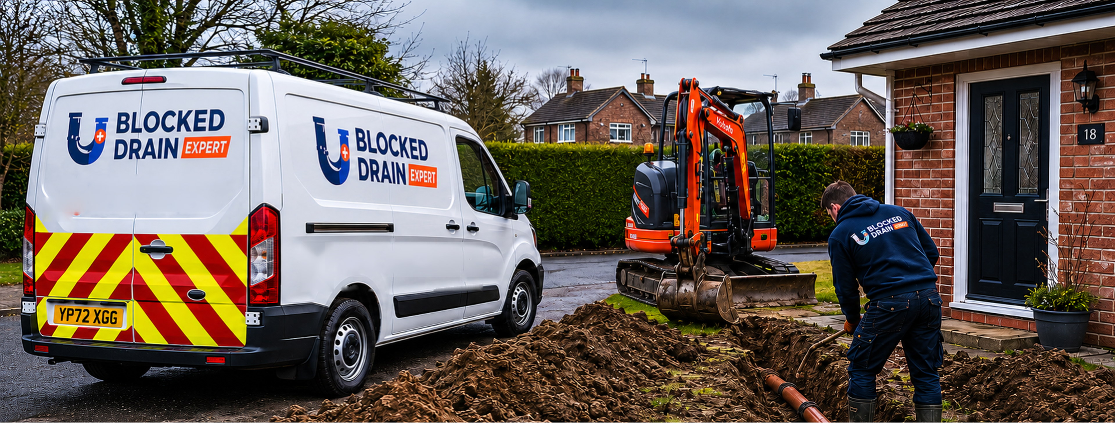 Blocked Drain Expert branded drainage van and repair team on a residential drainage job